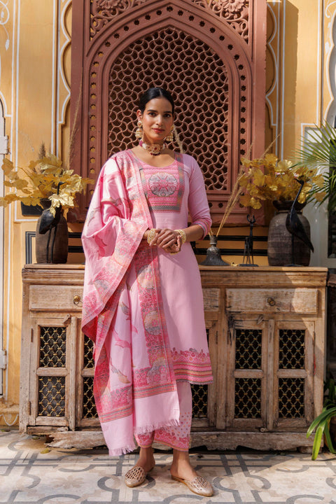 Kidar U-Neck Pant Suit with Weave design Dupatta - pink