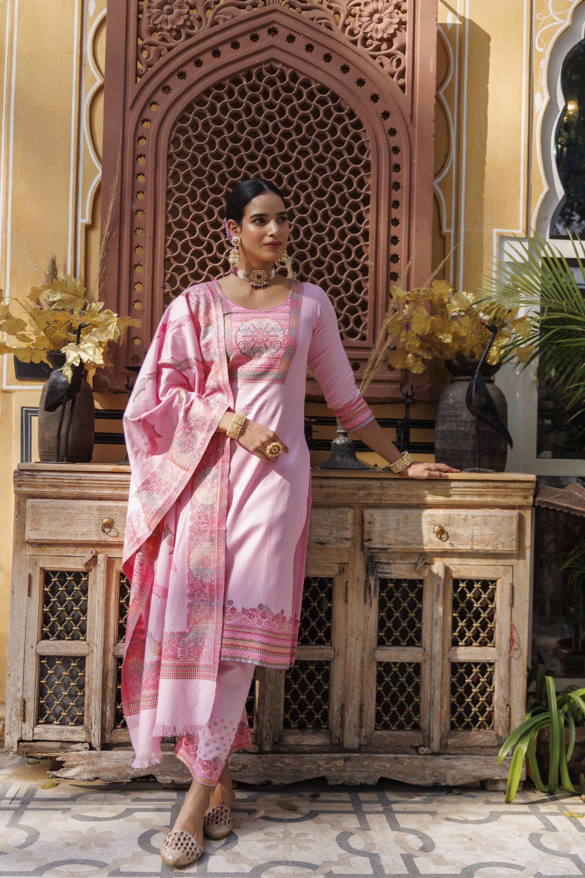 Kidar U-Neck Pant Suit with Printed Dupatta - pink