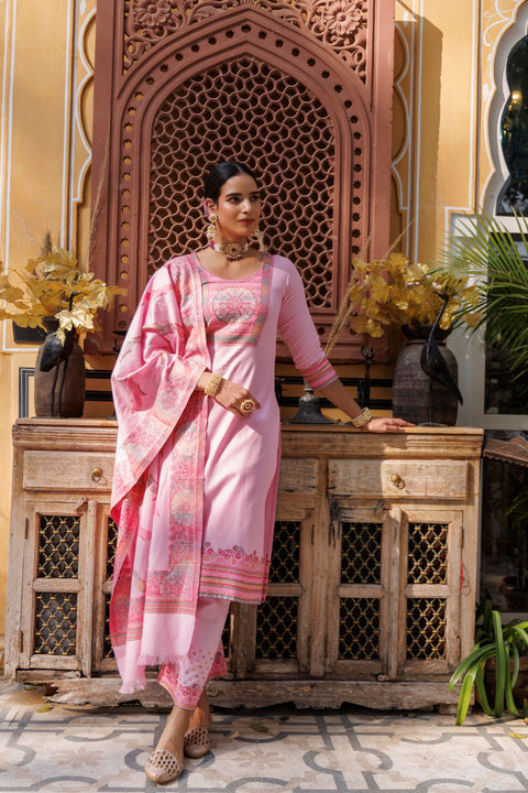 Kidar U-Neck Pant Suit with Weave design Dupatta - pink