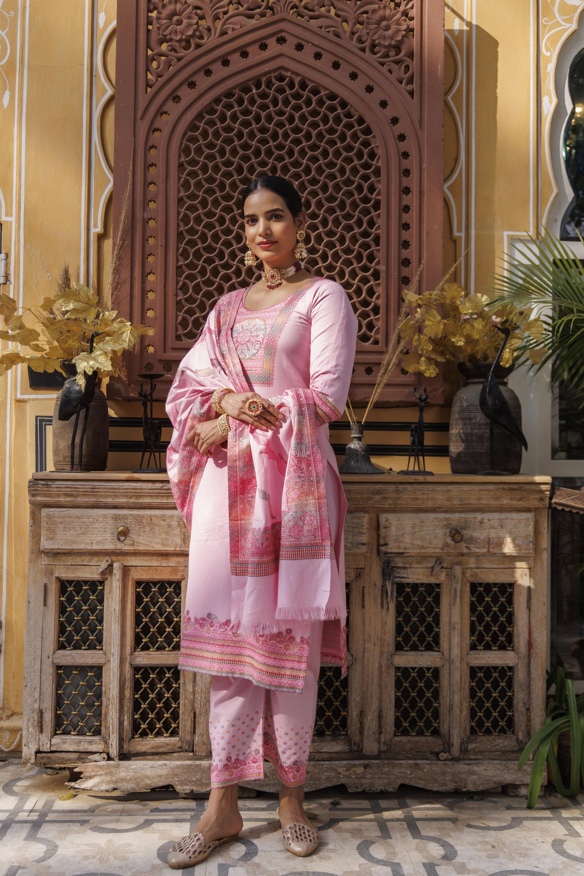 Kidar U-Neck Pant Suit with Printed Dupatta - pink