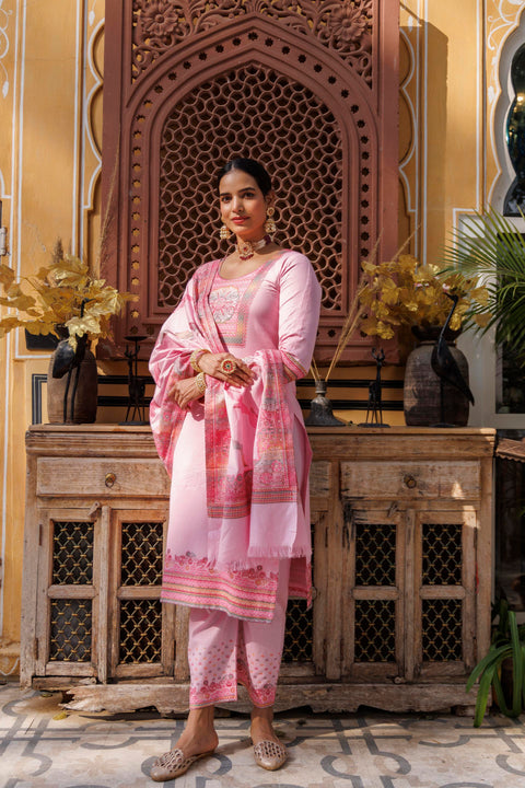 Kidar U-Neck Pant Suit with Weave design Dupatta - pink