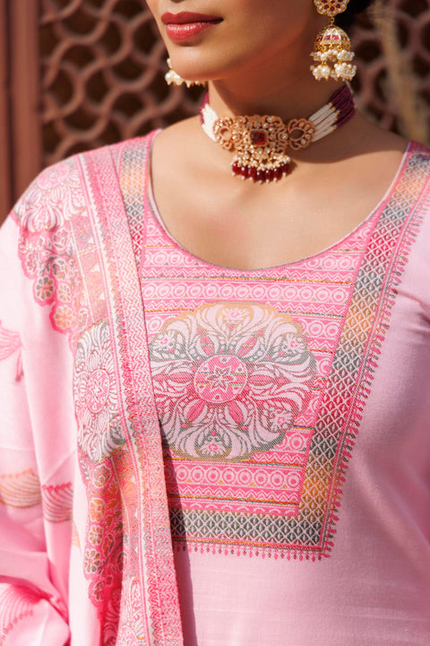 Kidar U-Neck Pant Suit with Weave design Dupatta - pink