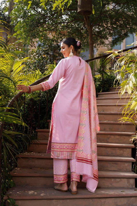 Kidar Pink Organic Cotton Silk Pant Suit with Weave design Dupatta