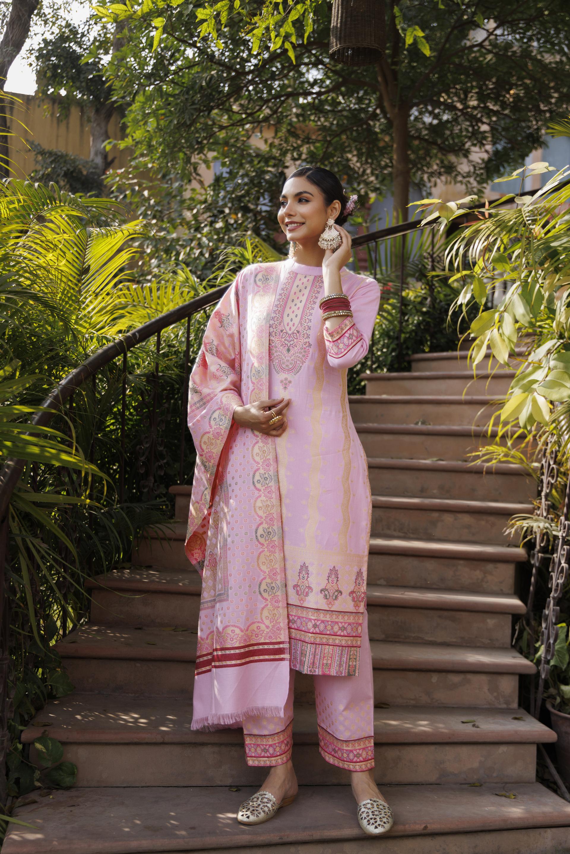 Kidar Pink Organic Cotton Silk Pant Suit with Printed Dupatta