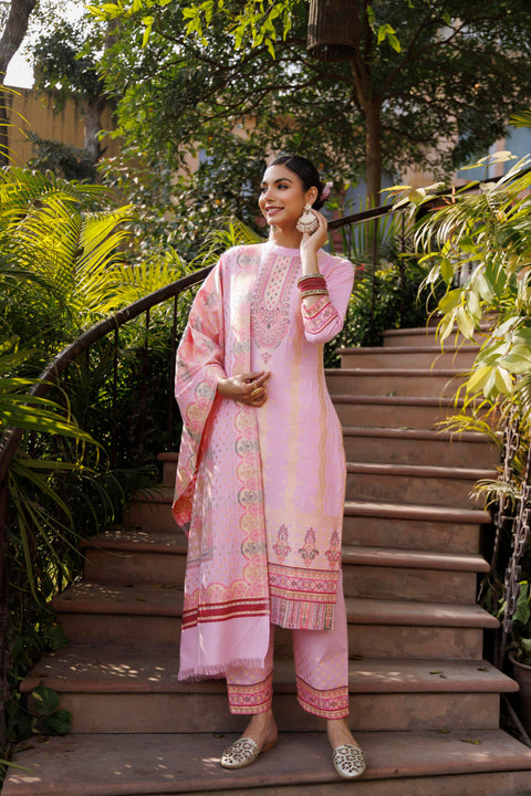Kidar Pink Organic Cotton Silk Pant Suit with Weave design Dupatta