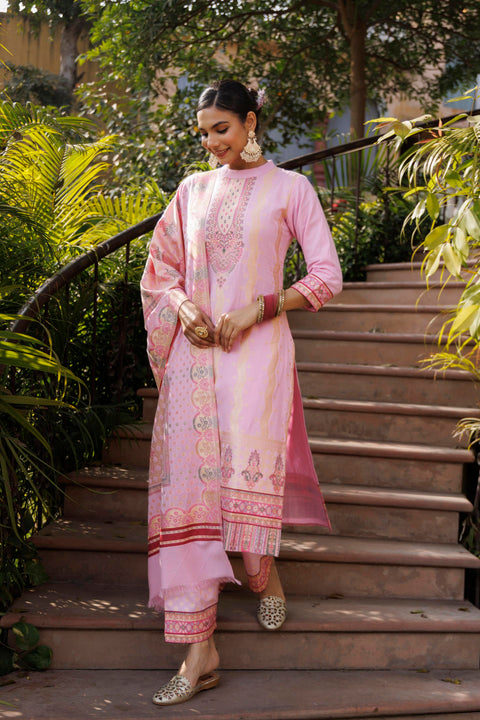 Kidar Pink Organic Cotton Silk Pant Suit with Weave design Dupatta