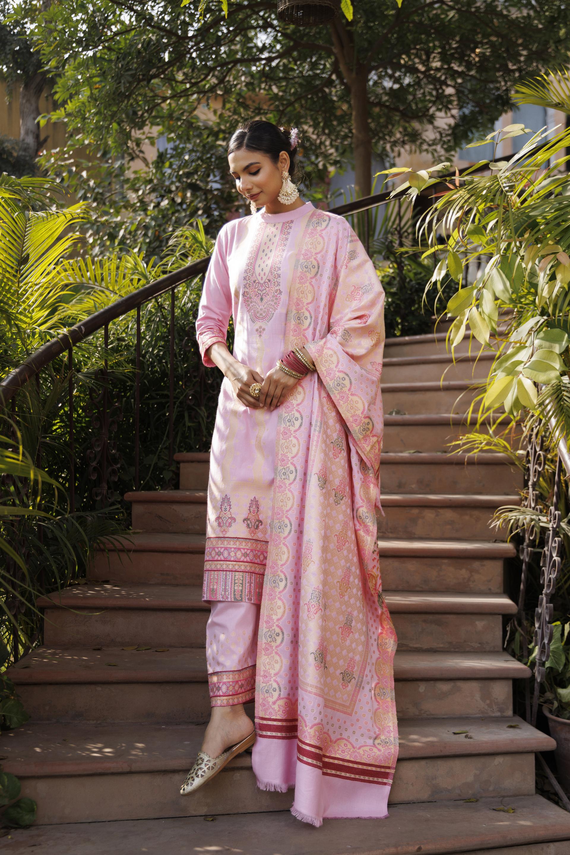 Kidar Pink Organic Cotton Silk Pant Suit with Printed Dupatta