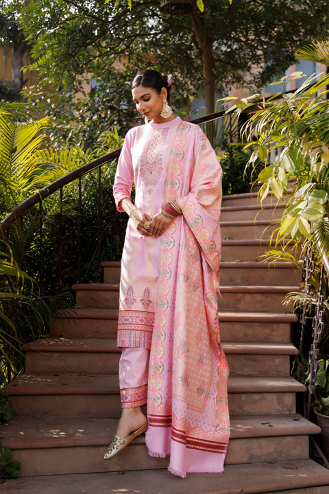Kidar Pink Organic Cotton Silk Pant Suit with Weave design Dupatta