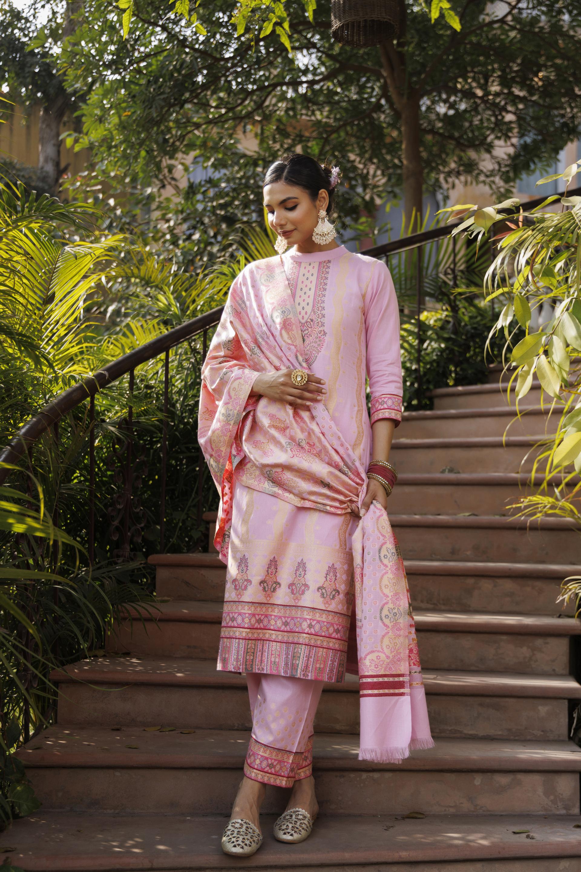 Kidar Pink Organic Cotton Silk Pant Suit with Printed Dupatta