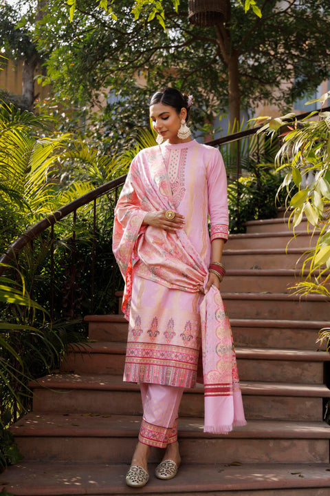 Kidar Pink Organic Cotton Silk Pant Suit with Weave design Dupatta