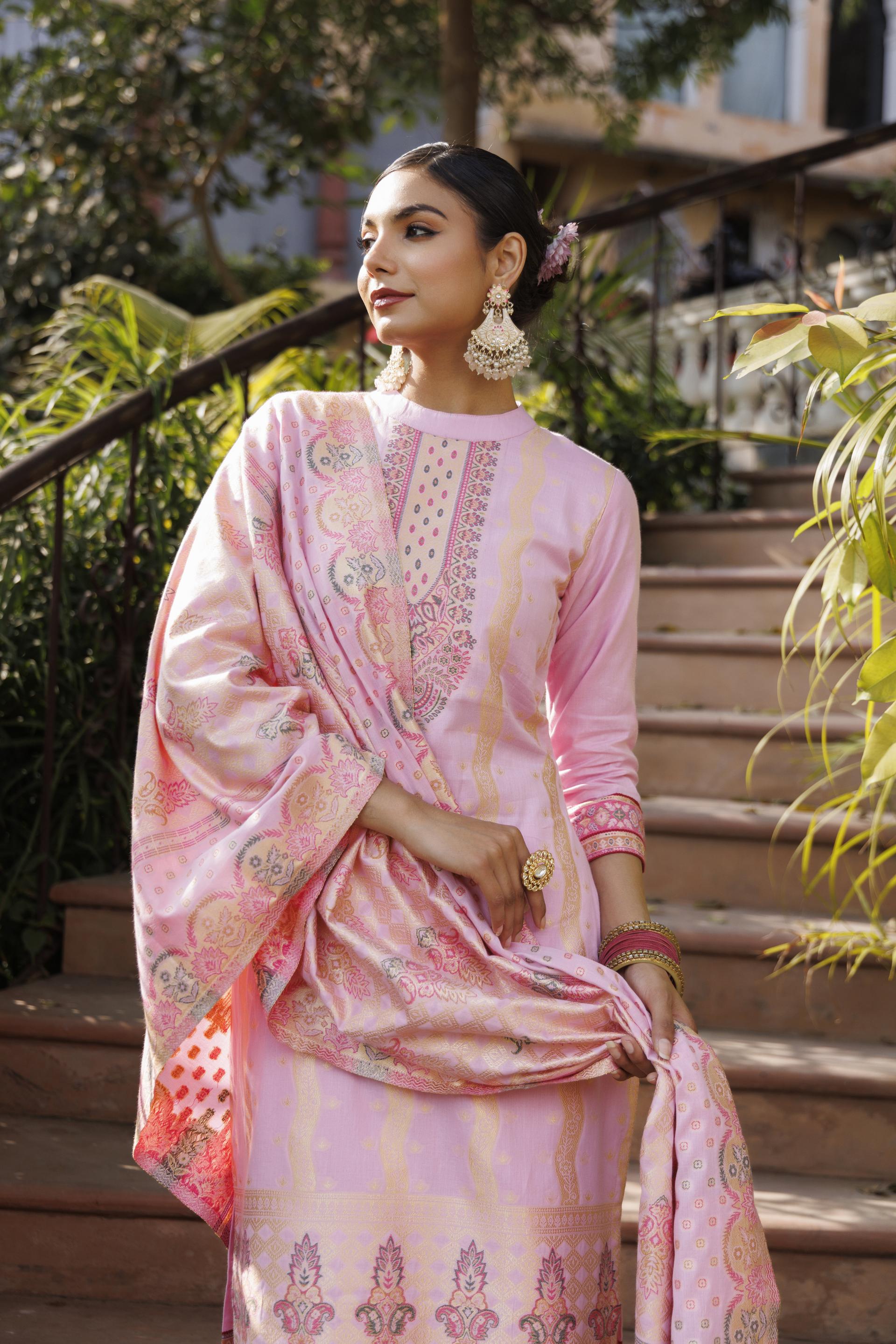 Kidar Pink Organic Cotton Silk Pant Suit with Printed Dupatta