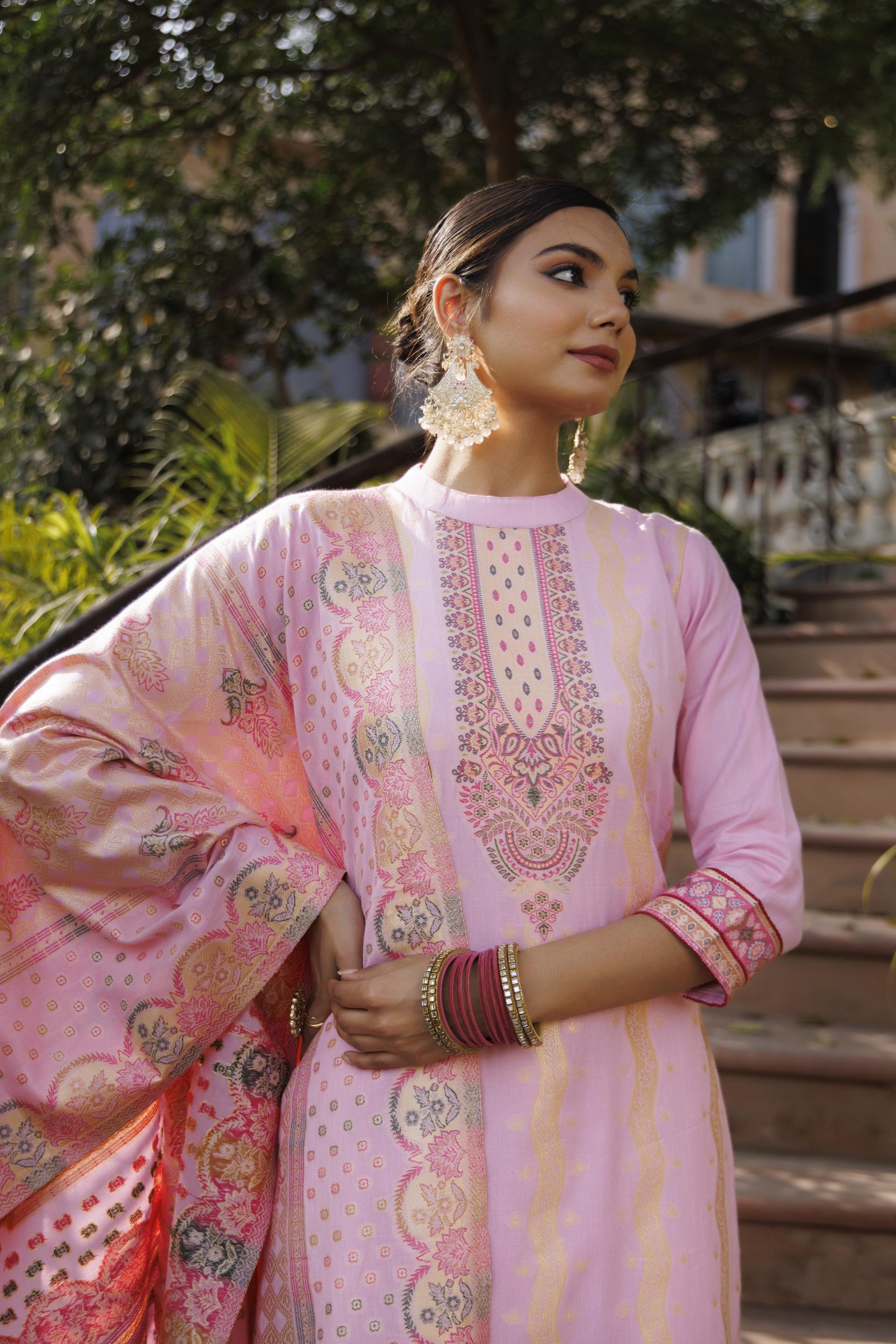 Kidar Pink Organic Cotton Silk Pant Suit with Printed Dupatta