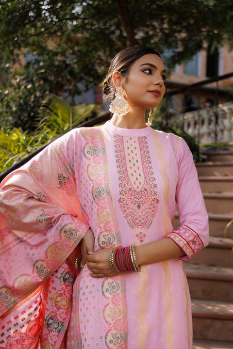 Kidar Pink Organic Cotton Silk Pant Suit with Weave design Dupatta