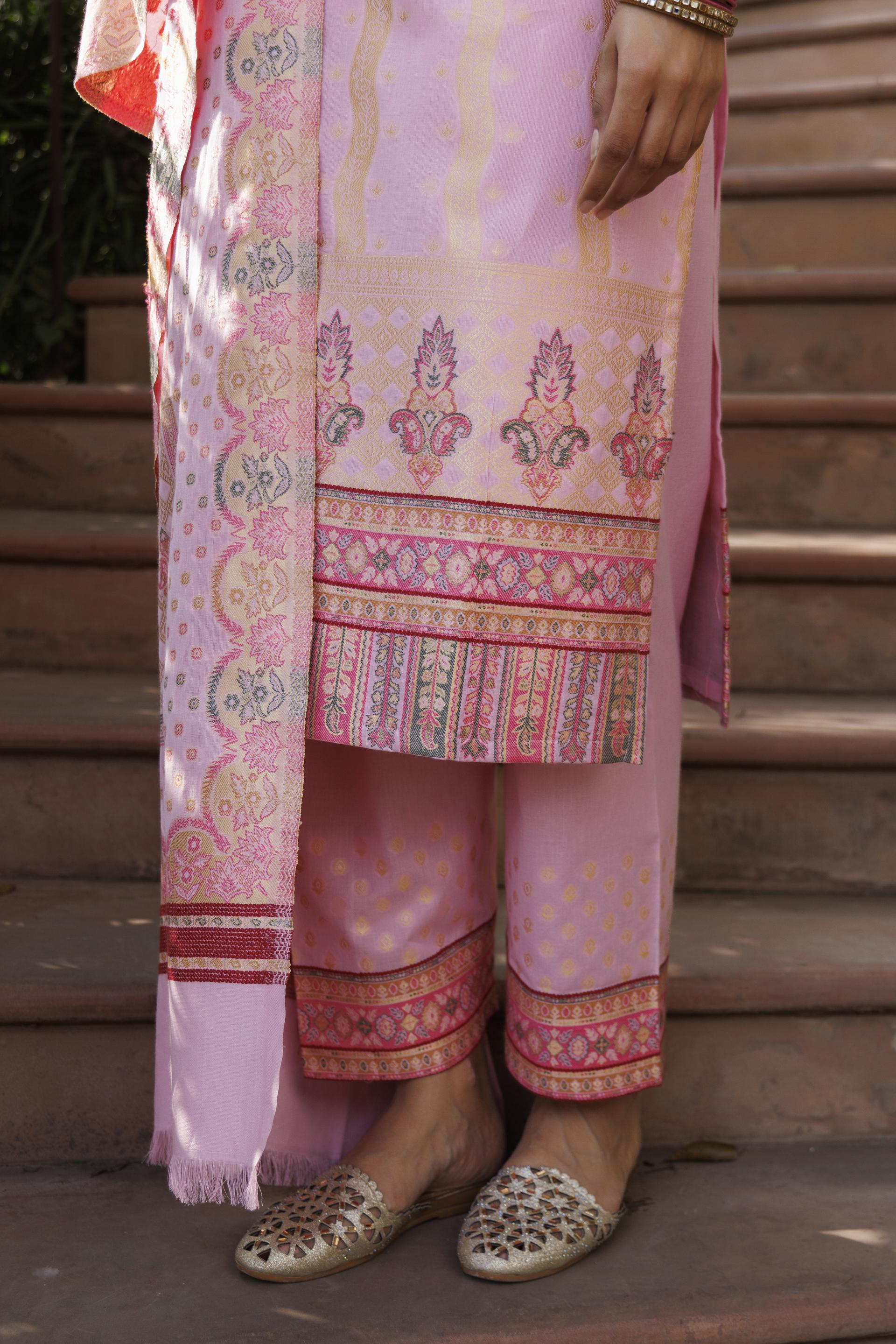 Kidar Pink Organic Cotton Silk Pant Suit with Printed Dupatta