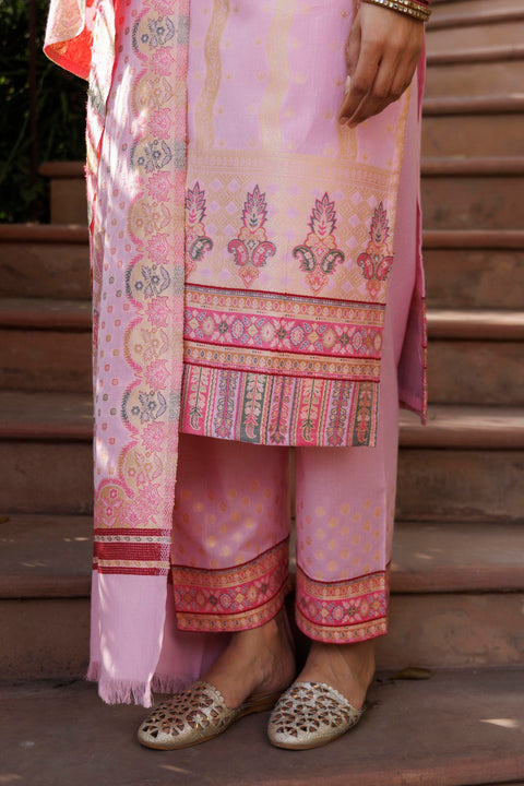 Kidar Pink Organic Cotton Silk Pant Suit with Weave design Dupatta