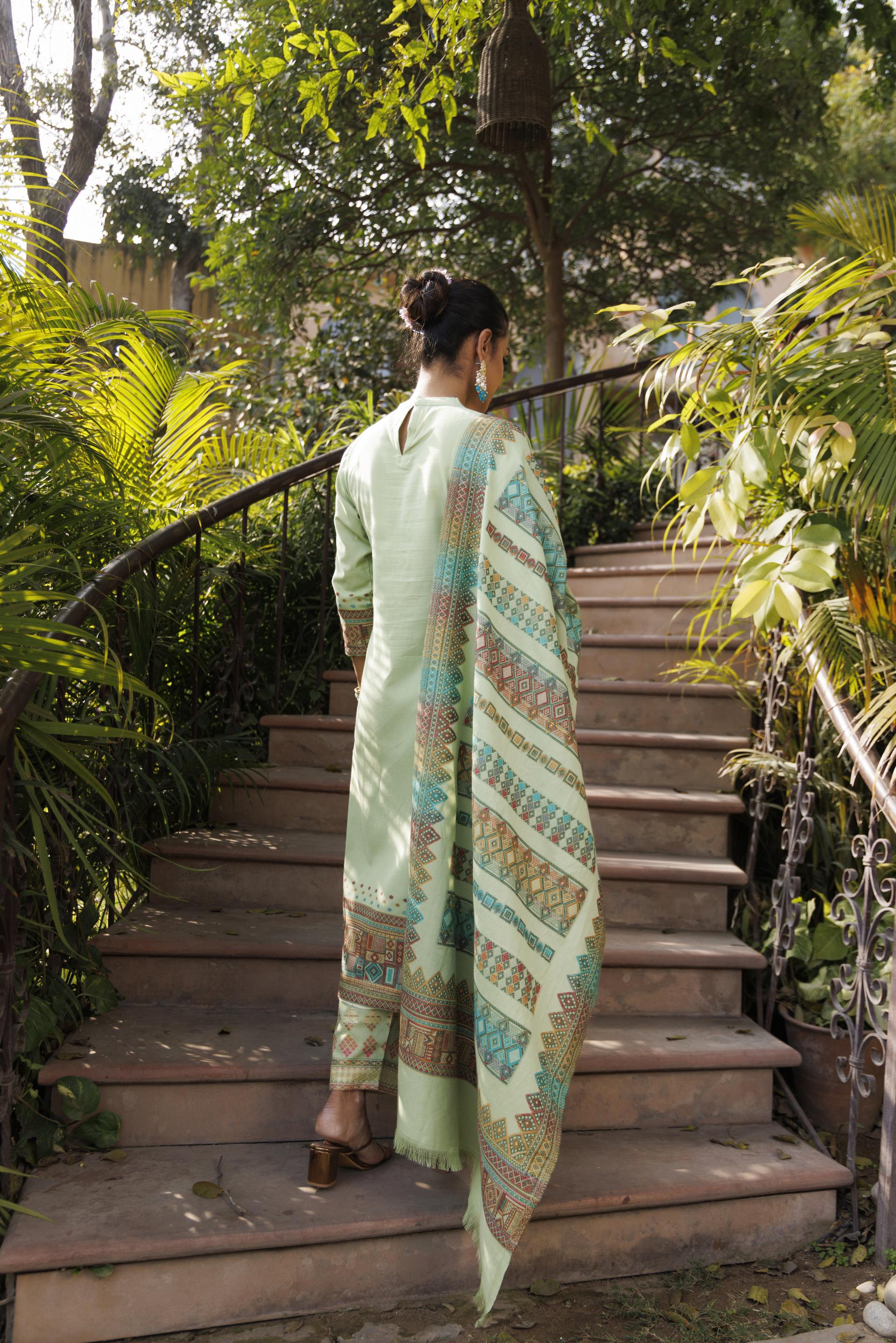 Kidar Organic Cotton Pant Suit with Printed Dupatta - Pista