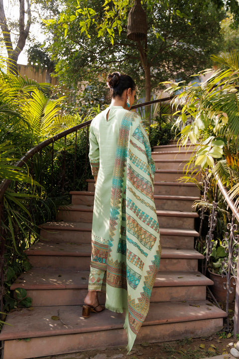 Kidar Organic Cotton Pant Suit with Weave design Dupatta - Pista
