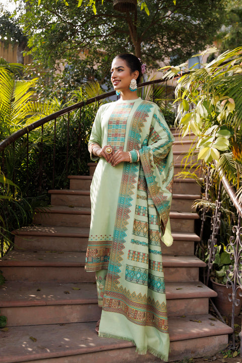 Kidar Organic Cotton Pant Suit with Weave design Dupatta - Pista