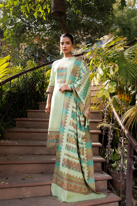 Kidar Organic Cotton Pant Suit with Weave design Dupatta - Pista
