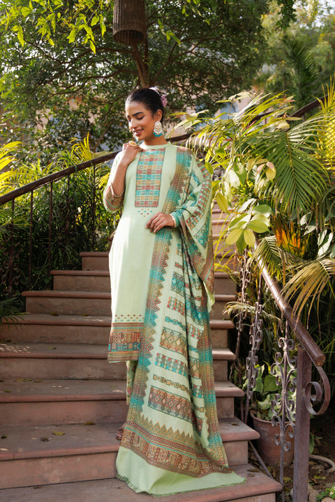 Kidar Organic Cotton Pant Suit with Weave design Dupatta - Pista