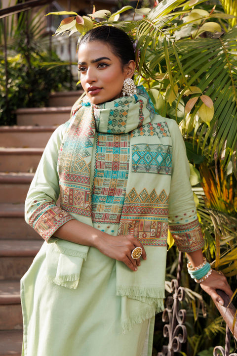 Kidar Organic Cotton Pant Suit with Weave design Dupatta - Pista