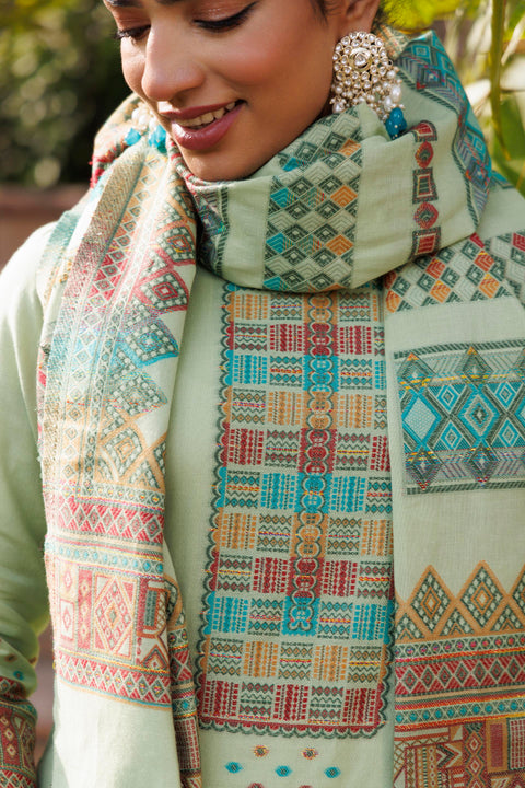 Kidar Organic Cotton Pant Suit with Weave design Dupatta - Pista