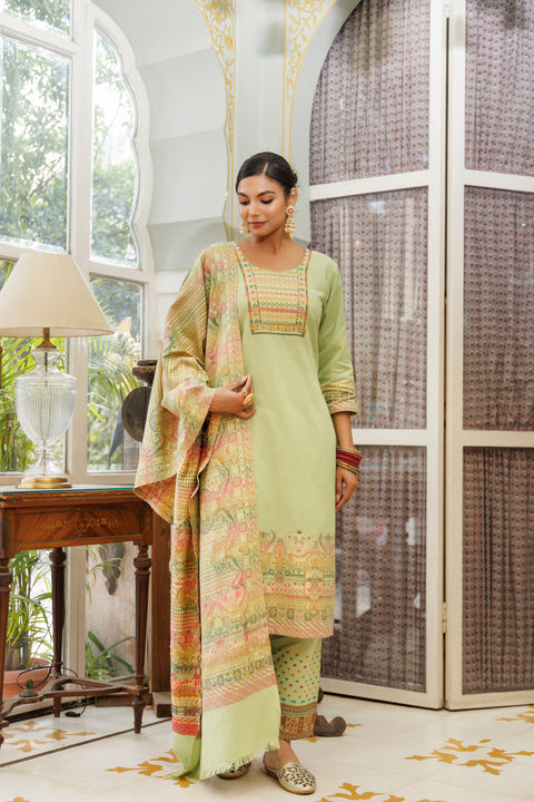 Kidar Pista Organic Cotton Pant Suit with Weave design Dupatta