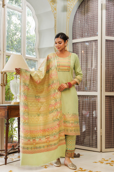 Kidar Pista Organic Cotton Pant Suit with Weave design Dupatta