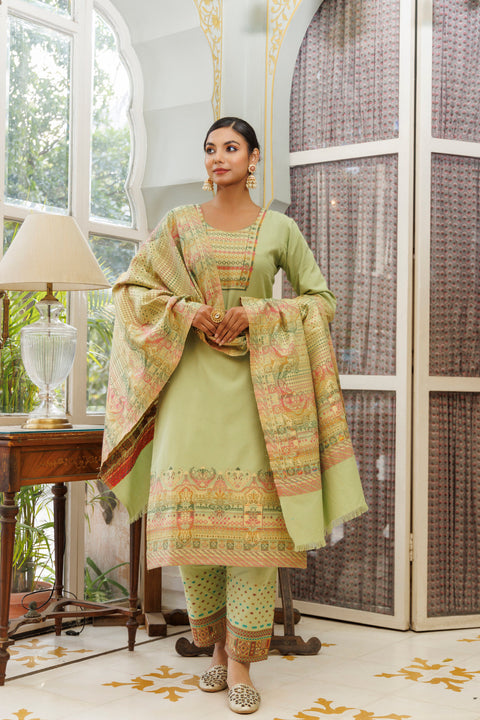 Kidar Pista Organic Cotton Pant Suit with Weave design Dupatta