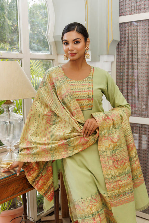 Kidar Pista Organic Cotton Pant Suit with Weave design Dupatta