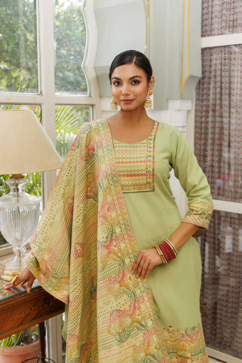 Kidar Pista Organic Cotton Pant Suit with Weave design Dupatta
