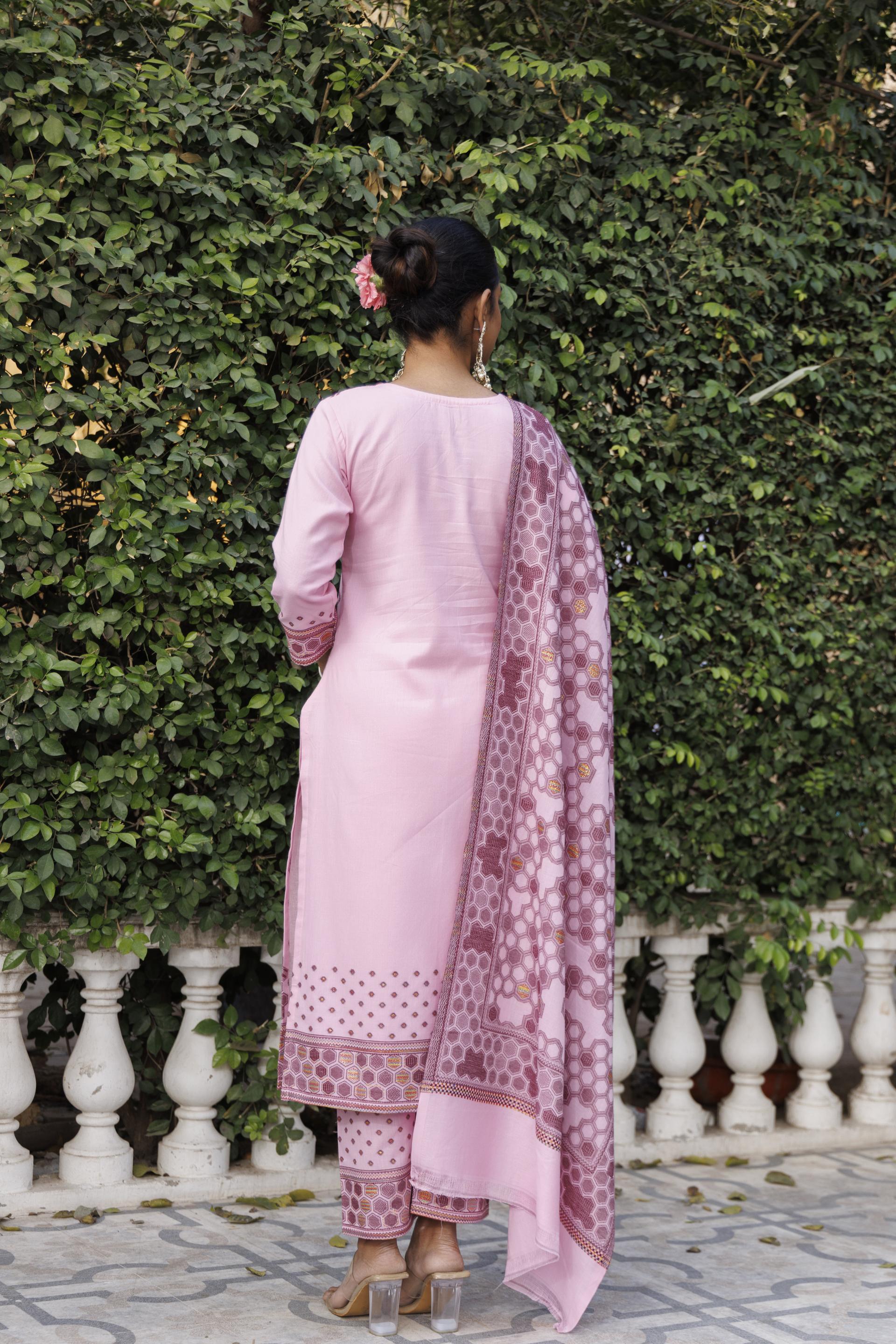 Kidar U-Shape Neck Pant Suit with Printed Dupatta - pink