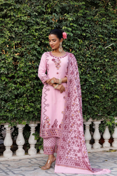 Kidar U-Shape Neck Pant Suit with Weave design Dupatta - pink