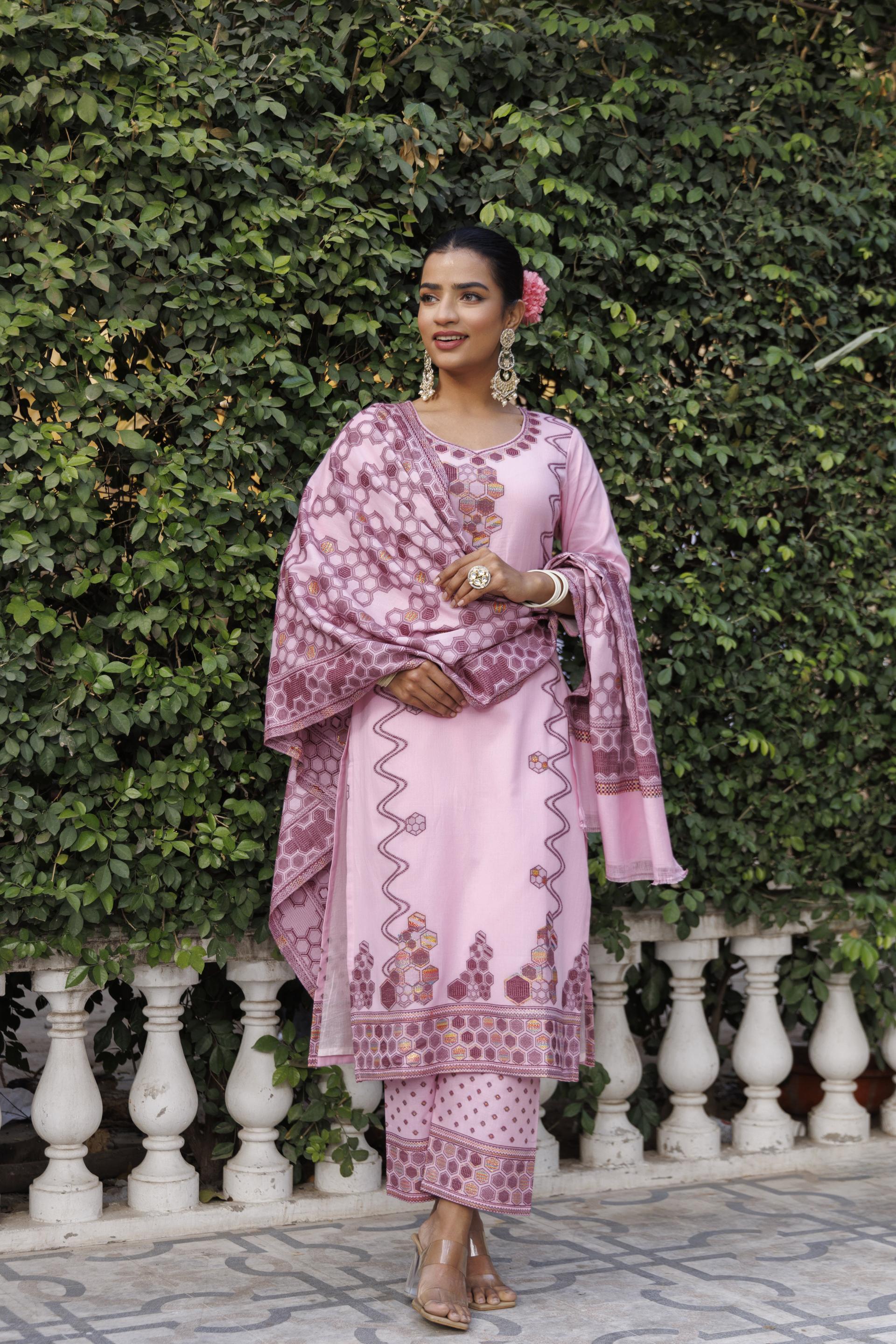 Kidar U-Shape Neck Pant Suit with Printed Dupatta - pink