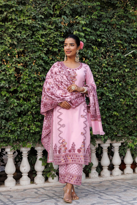Kidar U-Shape Neck Pant Suit with Weave design Dupatta - pink