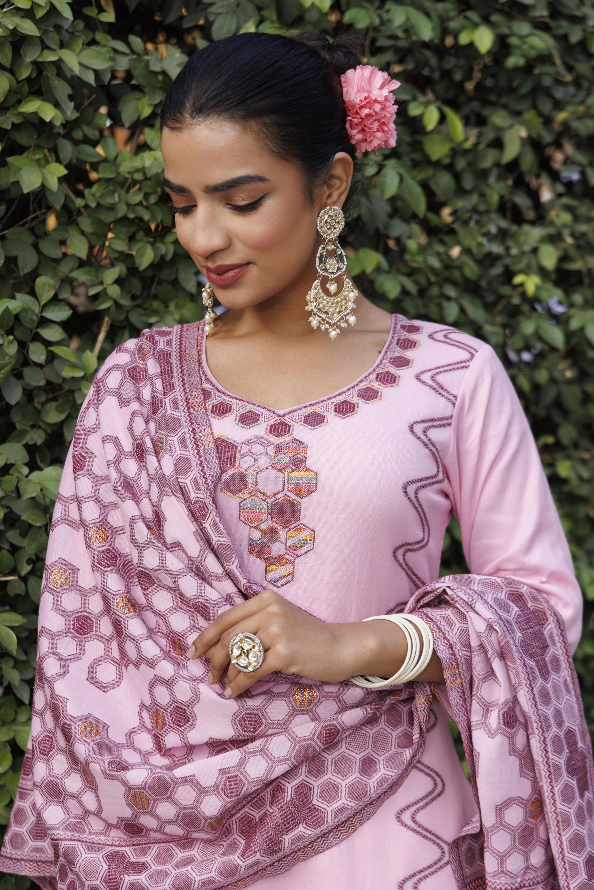 Kidar U-Shape Neck Pant Suit with Printed Dupatta - pink