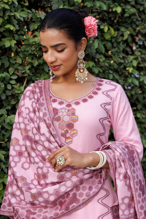 Kidar U-Shape Neck Pant Suit with Weave design Dupatta - pink