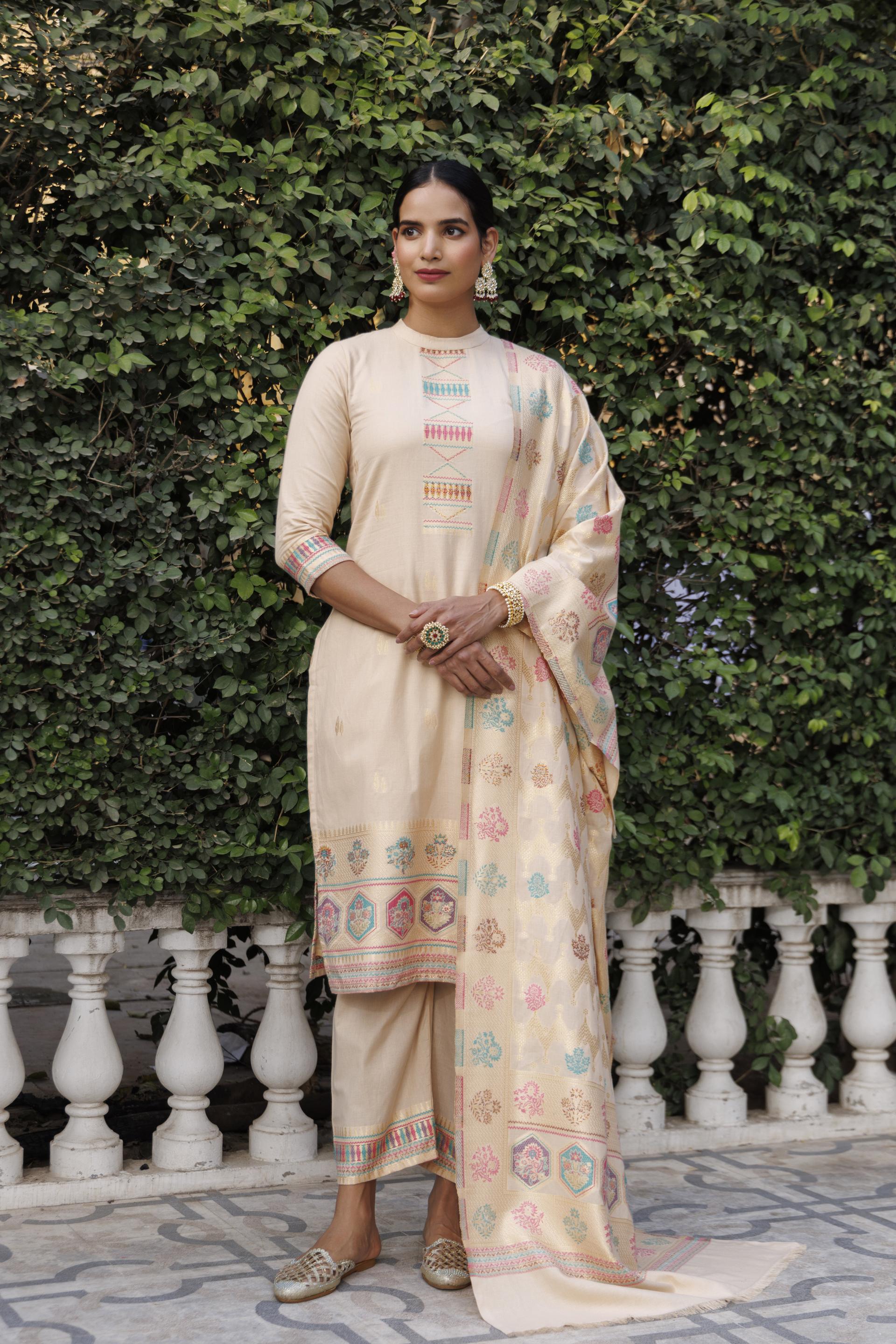 Kidar White Organic Cotton Pant Suit with Printed Dupatta