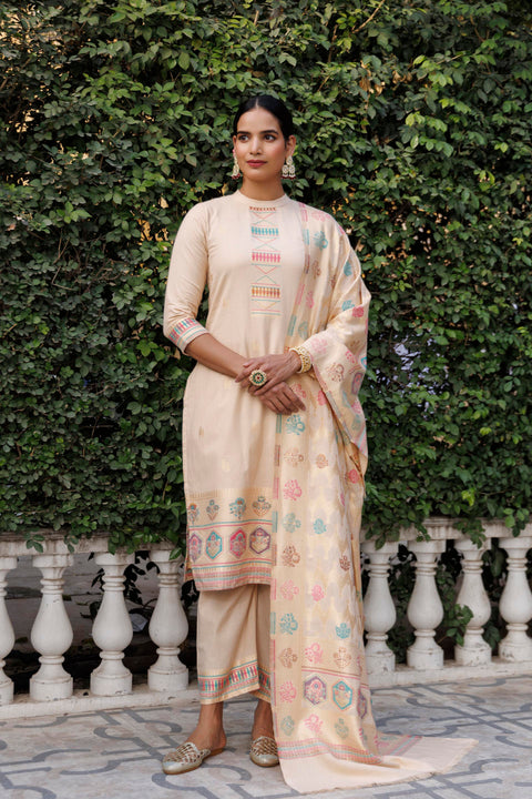 Kidar White Organic Cotton Pant Suit with Weave design Dupatta