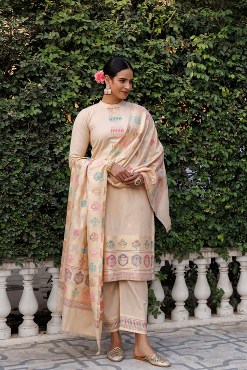 Kidar White Organic Cotton Pant Suit with Weave design Dupatta