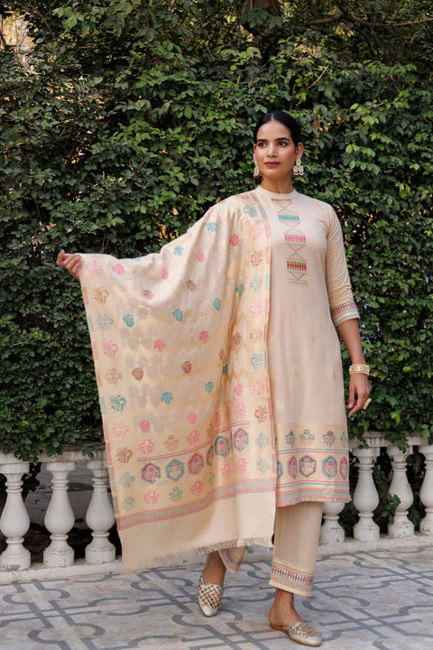 Kidar White Organic Cotton Pant Suit with Weave design Dupatta