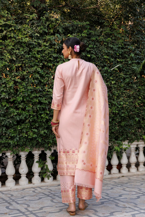 Kidar Mandarin Collar Pant Suit with Weave Dupatta - Mid Peach