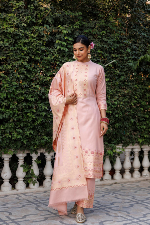 Kidar Mandarin Collar Pant Suit with Weave Dupatta - Mid Peach