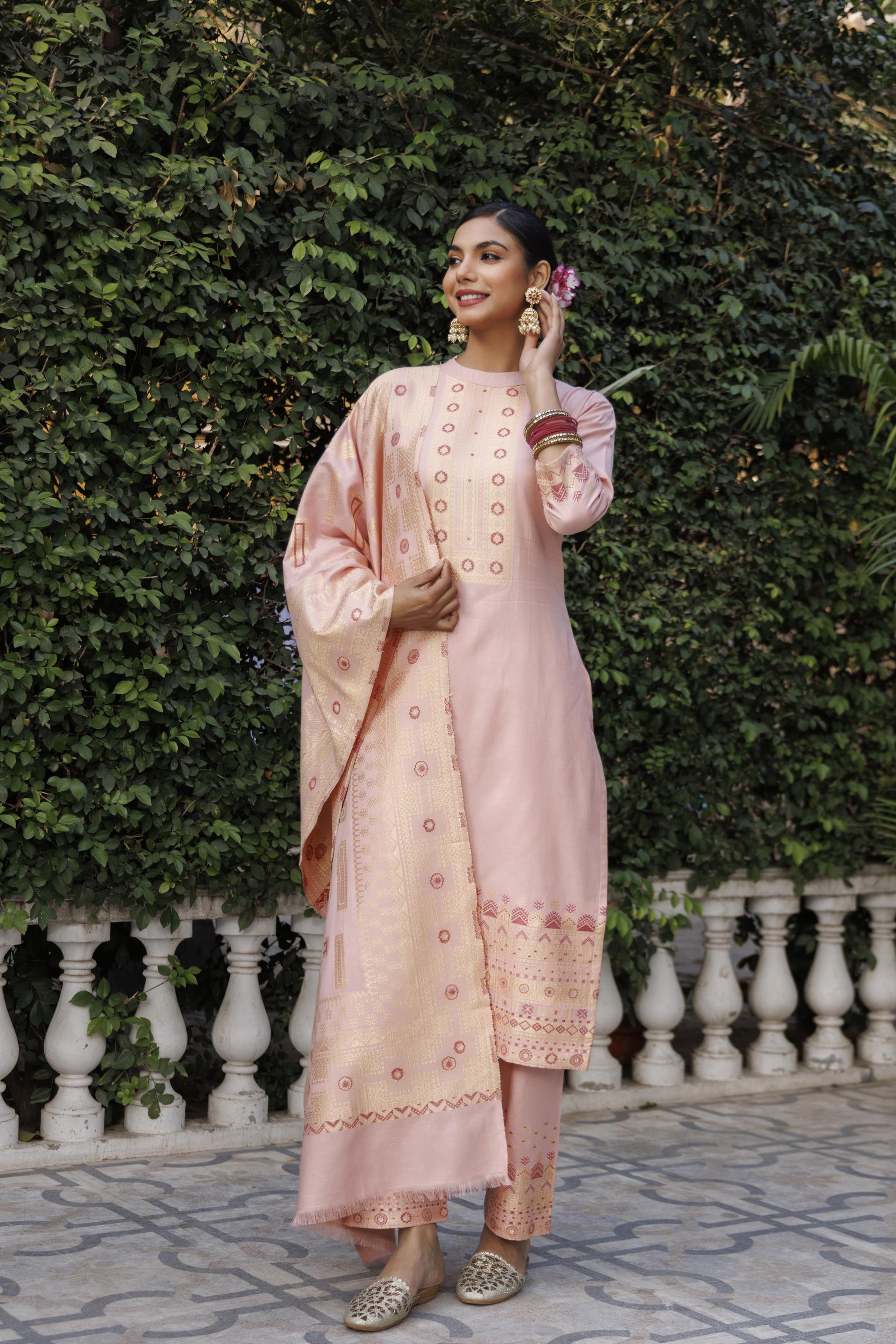 Kidar Mandarin Collar Pant Suit with Printed Dupatta - Mid Peach