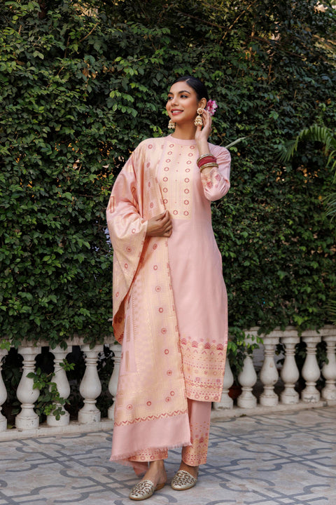 Kidar Mandarin Collar Pant Suit with Weave Dupatta - Mid Peach