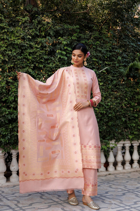 Kidar Mandarin Collar Pant Suit with Weave Dupatta - Mid Peach