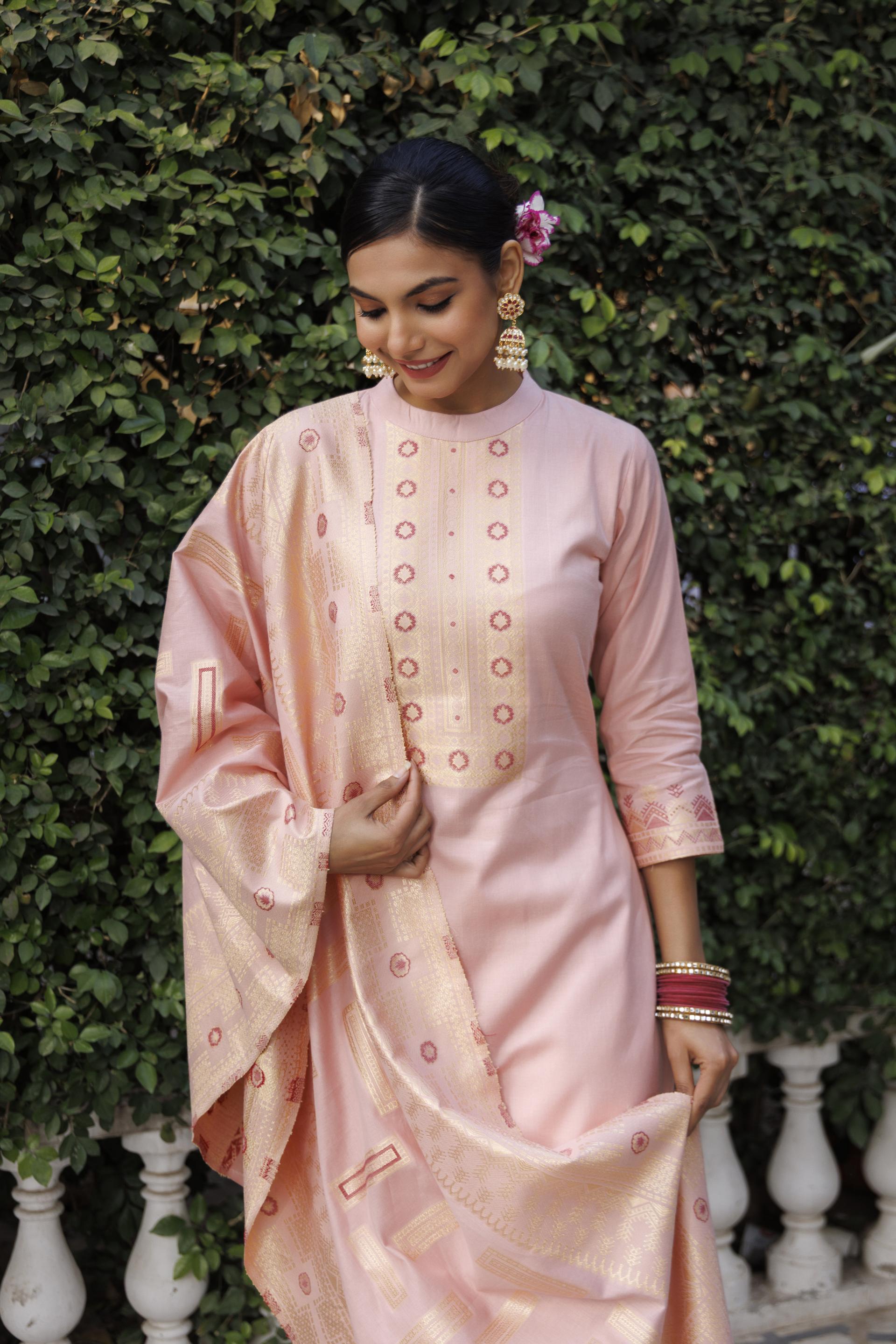 Kidar Mandarin Collar Pant Suit with Printed Dupatta - Mid Peach