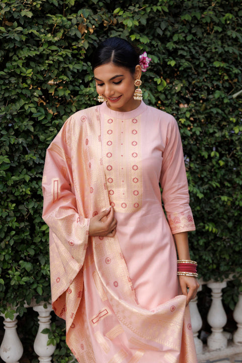 Kidar Mandarin Collar Pant Suit with Weave Dupatta - Mid Peach