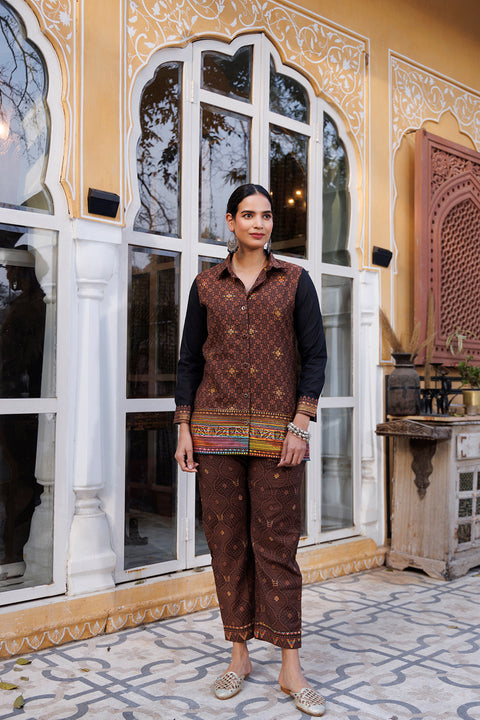 Kidar Ethnic Brown Printed Womens  Co-Ord Set (Top & Bottom)