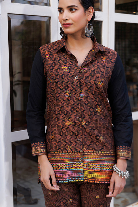 Kidar Ethnic Brown Printed Womens  Co-Ord Set (Top & Bottom)
